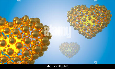 glossy gold metal hearts made of spheres with reflections isolated on bright background. Happy womans day 3d illustration. Stock Photo