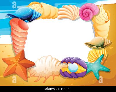 Border template with seashells on beach illustration Stock Vector