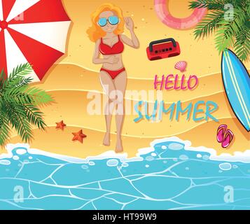 Summer holiday theme with woman on the beach illustration Stock Vector