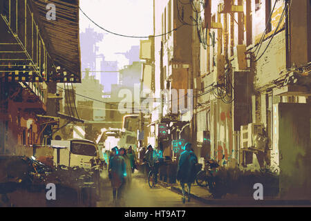 futuristic urban concept showing people walking in city street,illustration painting Stock Photo