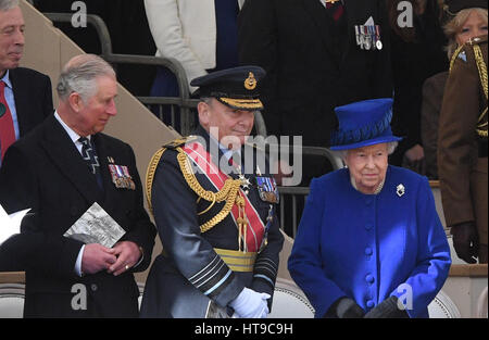 (left to right) The Prince of Wales, Chief of the Defence Staff Air Chief Marshal Stuart Peach and Queen Elizabeth II during a military Drumhead Service on Horse Guards Parade, London, to honour the service and duty of both the UK Armed Forces and civilians in the Gulf region, Iraq and Afghanistan. Stock Photo