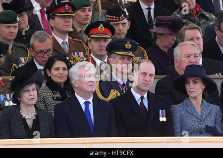 (front row left to right) Prime Minister Theresa May, Defence Secretary Sir Michael Fallon and The Duke and Duchess of Cambridge during a military Drumhead Service on Horse Guards Parade, London, to honour the service and duty of both the UK Armed Forces and civilians in the Gulf region, Iraq and Afghanistan. Stock Photo