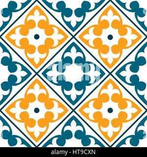 Spanish tile pattern, Portuguese or Moroccan tiles design, seamless in dark green and orange - Azulejo Stock Vector
