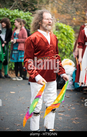 Morris dancers (including the bride and groom) dancing at wedding celebrations Stock Photo