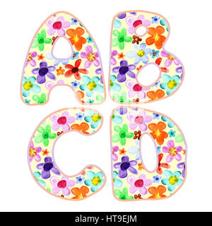 Alphabet with colorful watercolor flower pattern. Letters A, B, C, D Stock Photo