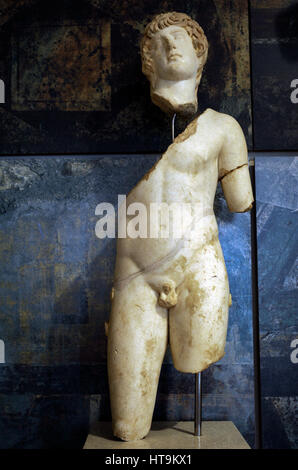 Statue of Antinous (111-130 AD). Bithynian Greek youth and favorite or lover of emperor Hadrian. Deified after. From Roman Villa of Munts, 2nd century. Marble of Paros. Spain. National Archaeological Museum. Tarragona. Catalonia, Spain. Stock Photo