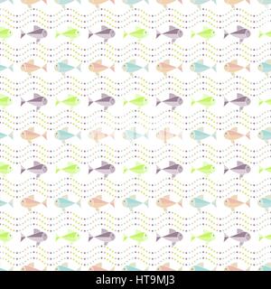 Seamless pattern. Abstract colorful background. Simple animation texture with regularly repeating shapes, fishes and dotted waves. Vector element of g Stock Vector