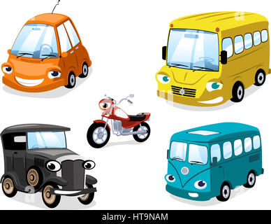 Transportation means: Car Truk Bus Motorcycle Types, with bus, motorbike, truck, race car, wagon, antique car and eco car. Stock Photo