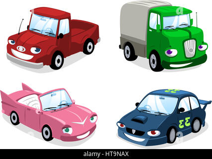 cartoon Car, Truk, Bus,  bus, motorbike, truck, race car, wagon and eco car. Stock Photo