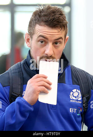 Scotland's Greig Laidlaw, along with the rest of the squad, arrives at Edinburgh Airport for the flight to London ahead of their 6 Nations match against England at Twickenham on Saturday March 11. Stock Photo