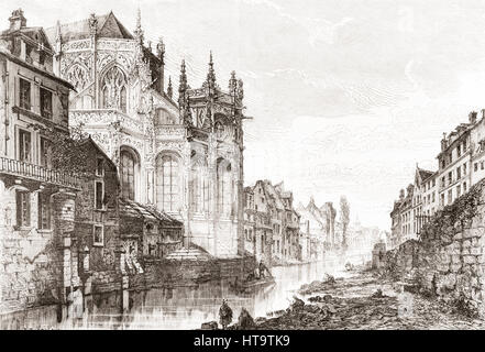 The Church of Saint-Pierre, Caen, France in the 19th century. Until around the mid 19th century, the eastern end of the church faced onto a canal that was then covered and replaced by a road.  From Album-Evenement, Prime du Journal L'Evenement, published 1865. Stock Photo