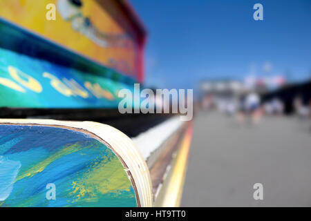 Profile view street piano, blurred background. Stock Photo