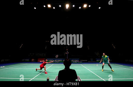 Hong Kong's Yip Pui Yin (left) and South Korea's Sung Ji Hyun in action during their Women's singles match during day three of the YONEX All England Open Badminton Championships at the Barclaycard Arena, Birmingham. Stock Photo