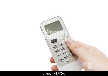 Hand holding remote control isolated on white. air conditioner remote control isolated concept Stock Photo