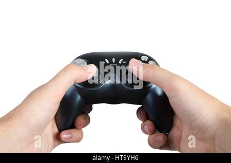 Gamer holding game pad in hands. Isolated on white game play controller Stock Photo