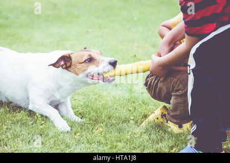 Dog playing tug of war game against two children Stock Photo