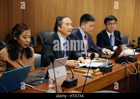 Geneva, Switzerland. 8th Mar, 2017. A side event at the ongoing 34th session of the UN Human Rights Council, which is jointly organized by the China Society for Human Rights Studies and China's Permanent Mission to the United Nations at Geneva, is held in Geneva, Switzerland, March 8, 2017. A group of Chinese human rights scholars on Wednesday elaborated the idea of a community of shared future for mankind in the context of human rights governance, saying interpretation of human rights ideas cannot be taken out of their cultural contexts. Credit: Shi Jianguo/Xinhua/Alamy Live News Stock Photo