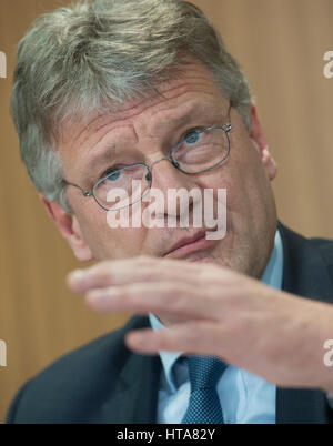 Berlin, Germany. 09th Mar, 2017. Joerg Meuthen, federal executive board member of the German right-wing political party 'Alternative for Germany' (Alternative fuer Deutschland, AfD), delivers remarks during a press briefing in Berlin, Germany, 09 March 2017. The party presented their election manifesto for the upcoming German federal parliamentary elections. Photo: Paul Zinken/dpa/Alamy Live News Stock Photo