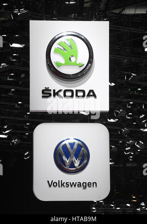Geneva, Switzerland. 7th Mar, 2017. A Skoda and VW logo, photographed during the second press day at the 87th Geneva International Motor Show in Geneva, Switzerland, 7 March 2017. Photo: Uli Deck/dpa/Alamy Live News Stock Photo