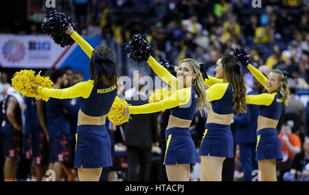 March 9, 2017: Michigan Cheerleaders perform during a Big 10 Men's Basketball Tournament game between the Illinois Fighting Illini and the Michigan Wolverines at the Verizon Center in Washington, DC Michigan defeats Illinois, 75-55. Justin Cooper/CSM Stock Photo