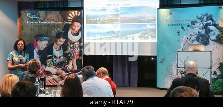 Berlin. 9th Mar, 2017. Photo taken on March 9, 2017 shows a promotion activity for tourism of southern China's coastal city Sanya in Berlin, capital of Germany, during the 51st Berlin International Tourism Fair (ITB). Credit: Shan Yuqi/Xinhua/Alamy Live News Stock Photo