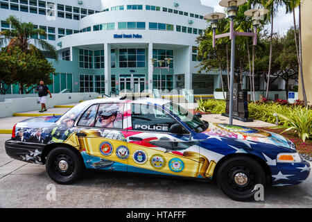 Miami Beach Florida,Police,department headquarters,building,facade,entrance,patrol car,Veteran's Day tribute,military branches,FL170115038 Stock Photo