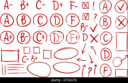 Hand drawn grade results, check marks set of icons. School, education, business symbol. Exam, examination, test vector illustration Stock Vector