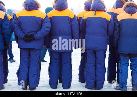 Emergency patrol in blue uniform standing in row Stock Photo