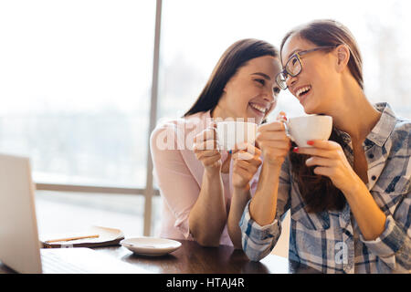 Portrait of two pretty young women, one of them Asian, laughing happily and talking during friends meet at cafe sitting against window, both holding b Stock Photo