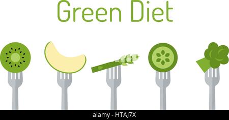 Green vegetables and fruit on forks Stock Vector