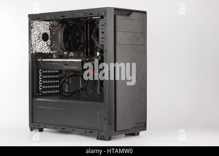 Open midi tower computer case on white background Stock Photo