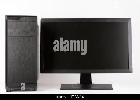 Midi tower computer case with led monitor on white background, new, modern gaming PC. Stock Photo