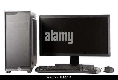 Midi tower computer case with led monitor on white background, new, modern gaming PC. Stock Photo