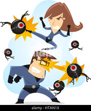 Superhero parents fighting together against tech evil robots, with blue costumes and black robots vector illustration. Stock Photo