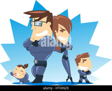 Successful Superhero family posing for their fans, with blue costumes vector illustrations. Stock Photo