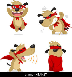 Superhero dog in super hero puppy situations like, super hero dog running, fighting, superhero breath and with red garment vector illustration. Stock Photo