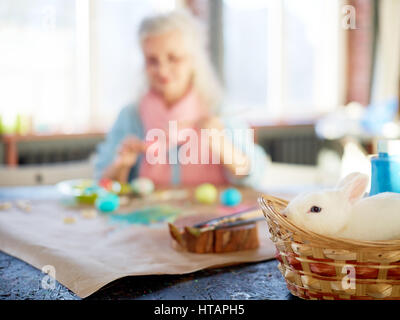 Cute white rabbit sitting in basket with female on background Stock Photo