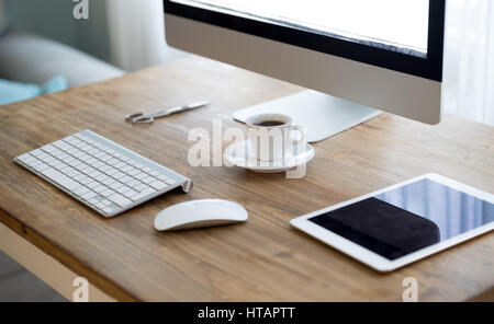 Retro wooden desk, photographers  and designers work place Stock Photo