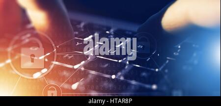 IT Technology Dark Blue Banner Concept with Laptop Computer. Stock Photo