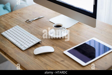 Modern retouchers designers workspace on wooden desk with desktop Stock Photo