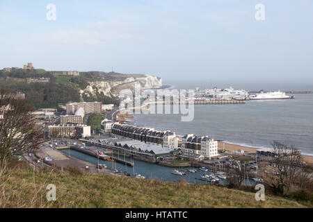View from The Redoubt above the town of Dover overlooking the marina and Dover ferry terminal Stock Photo