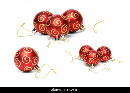 Red Christmas tree baubles isolated on a white background. Stock Photo