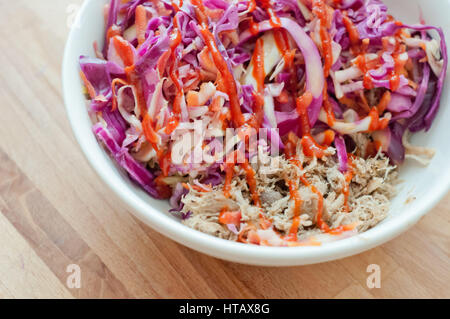 Shredded Pork Bowl With Red Cabbage Slaw and Spicy Sauce Stock Photo