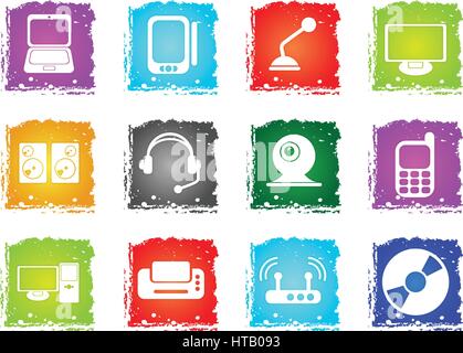 Computer equipment simple vector icons in grunge style for user interface design Stock Vector