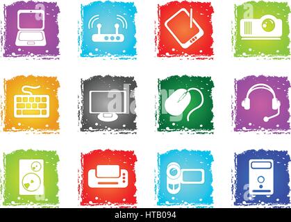 Computer equipment simple vector icons in grunge style for user interface design Stock Vector