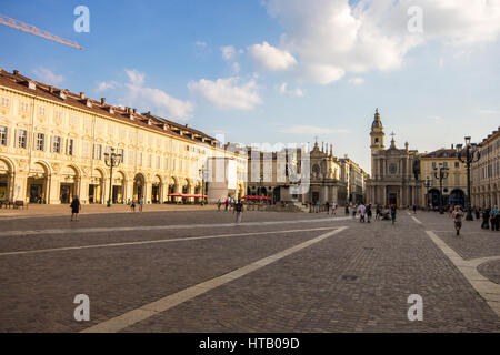 Monuments of Piazza San Carlo, one of the main city squares in Turin, Italy.  Twin churches of Santa Cristina and San Carlo Borromeo. Stock Photo