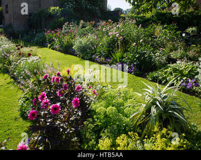 Chenies Manor sunken garden, Buckinghamshire. Evening sun enhanced the colours of foliage, Lady's Mantle and dark pink dahlias adding to their beauty. Stock Photo