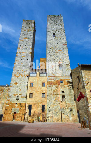 The so called twin towers of San Gimignano built in the 13th century as defensive towers San Gimignano, Tuscany Italy