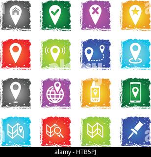 Pointer and maps simply vector icon set in grunge style for user interface design Stock Vector