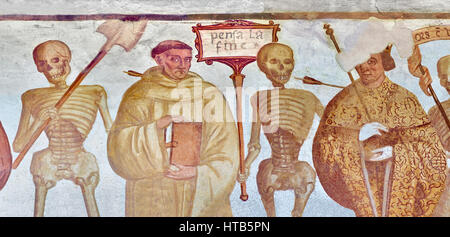 The fresco paintings of Church of San Vigilio in Pinzolo, “Dance of Death” painted by Simone Baschenis of Averaria Pinzolo, Trentino, Italy Stock Photo